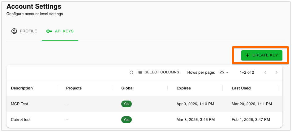 Cairrot Account Setting API Key