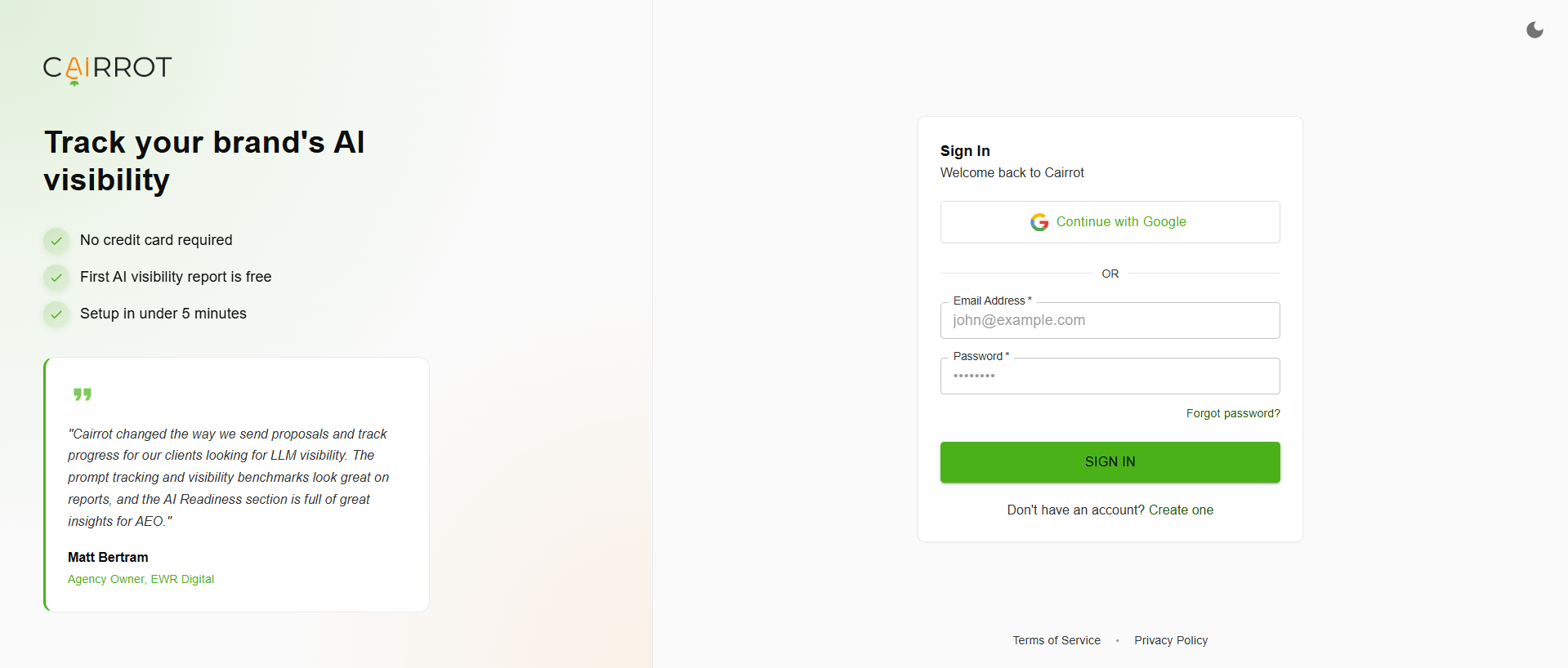 Cairrot AEO Free Report Set-Up  Log-In Screen