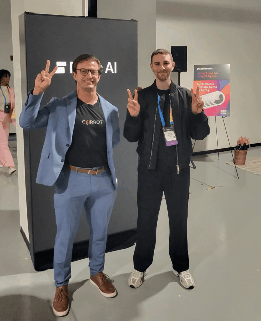 Peec AI CEO Marius Meiners with Cairrot CEO Connor Kimball at SEO Week 2026
