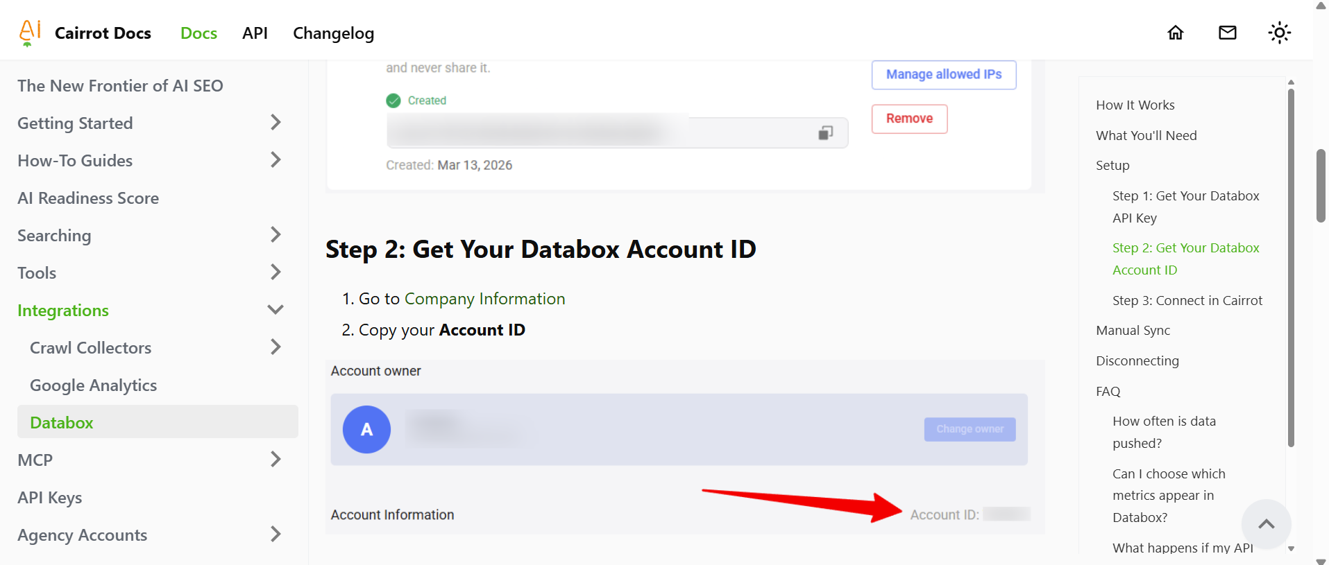 Cairrot Databox Example Setting Up API Account ID