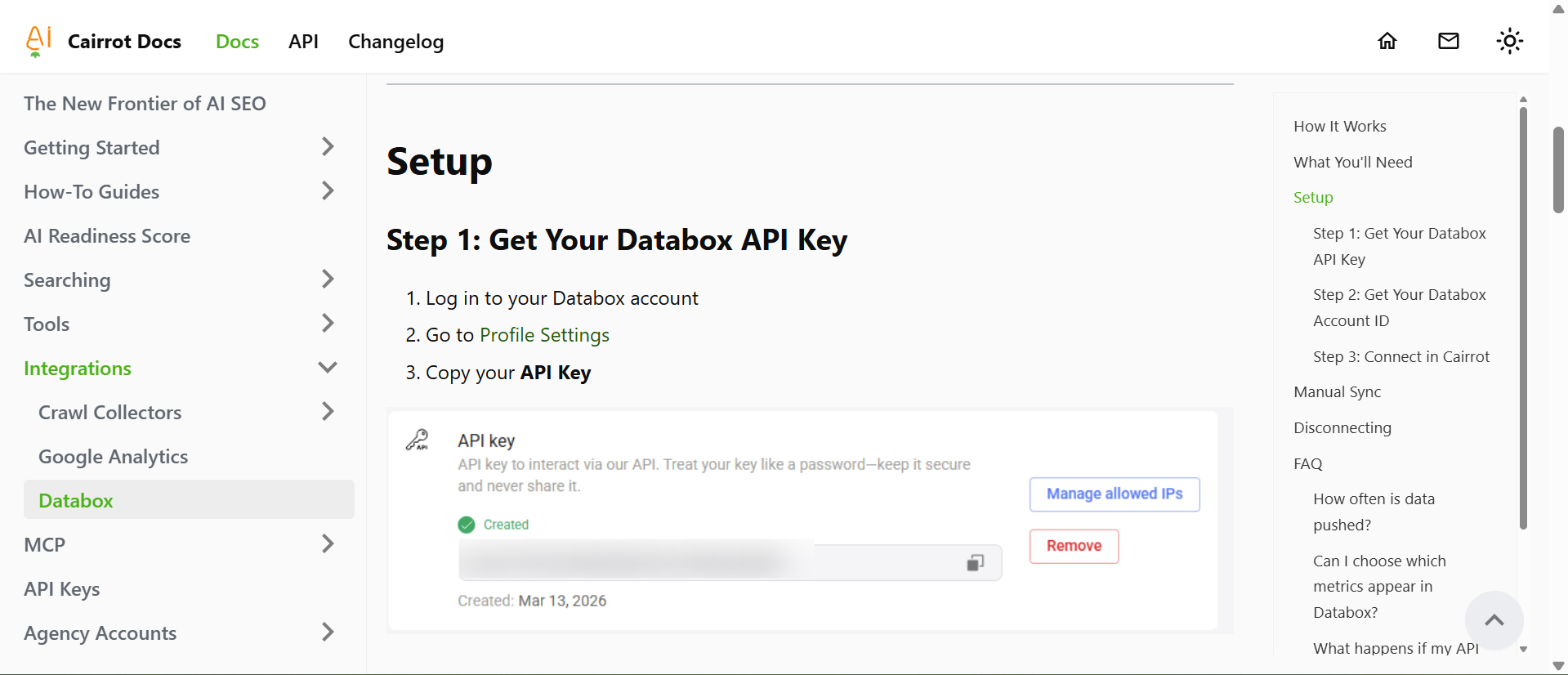 Cairrot Databox Example Setting Up API Key