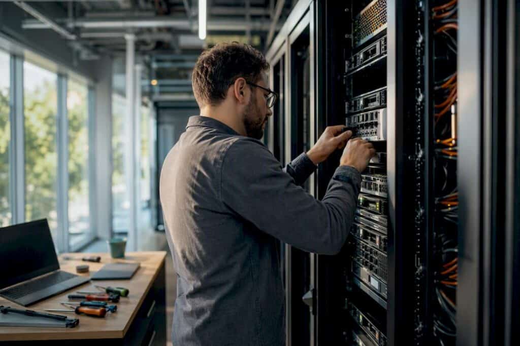 Technician adjusting server hardware rack