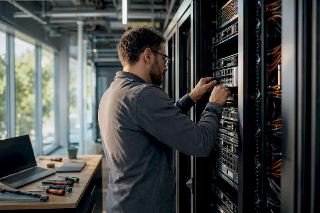 Technician adjusting server hardware rack
