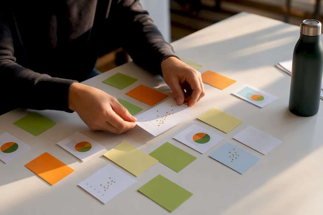 Hands arranging data cards with marketing graphs