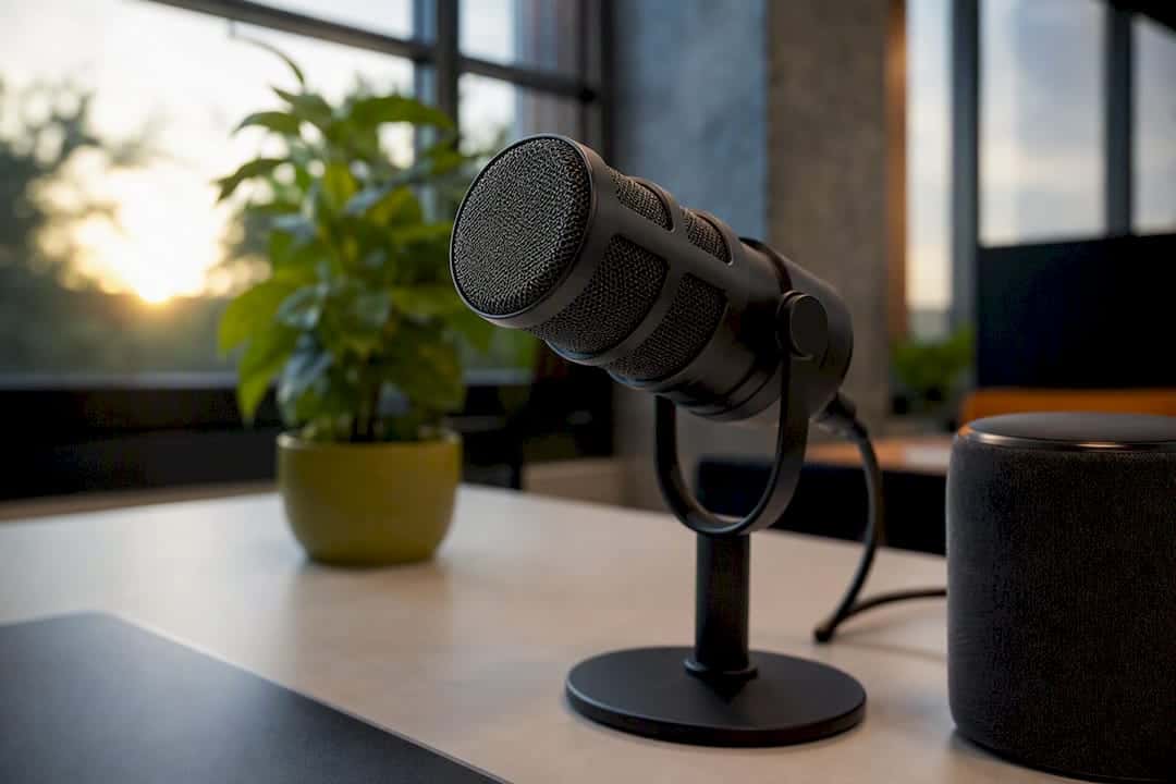 Close-up of microphone and smart speaker on desk