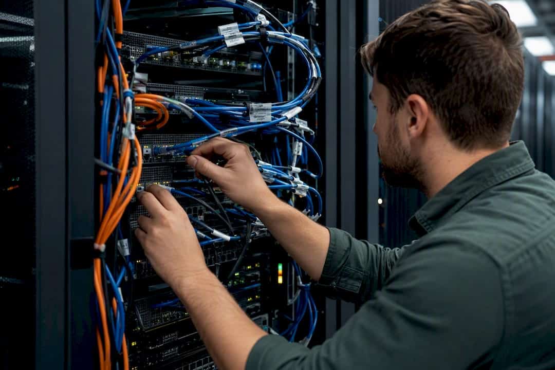 Hands inspecting server rack hardware