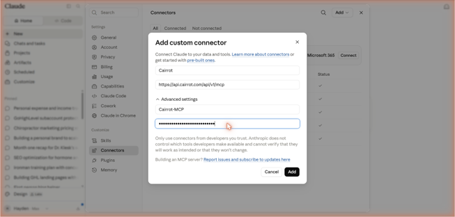 add custom connector in cairrot
