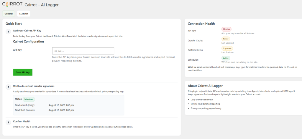 llms.txt for AEO/GEO cairrot ai logger page