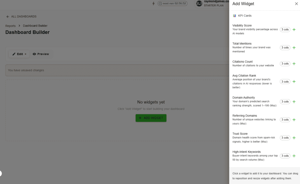 AI visibility widget catalog with KPI cards, charts, and heatmaps