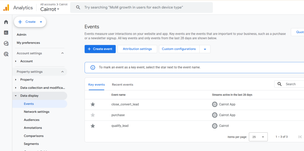 How to Track AI Conversions in Cairrot (GA4 + Search Console Setup) ga4 mark key event
