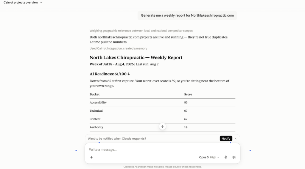 Cairrot weekly report in Claude
