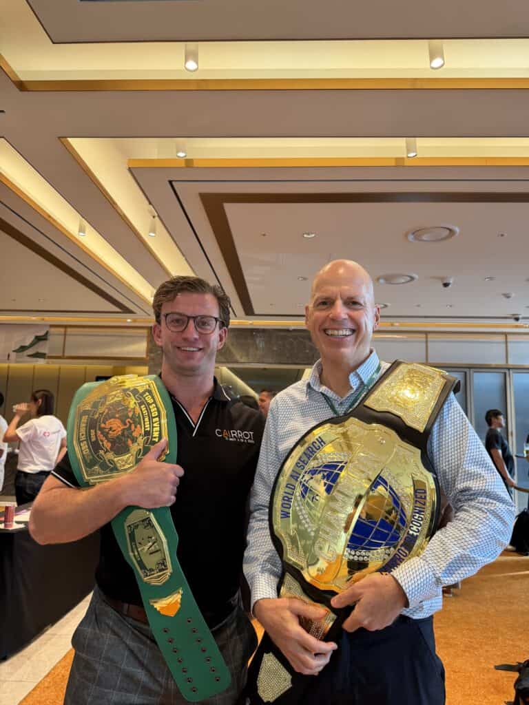 AI SEO leaders stephen burns (common crawl) and connor kimball (ceo of cairrot) at an international seo conference in korea