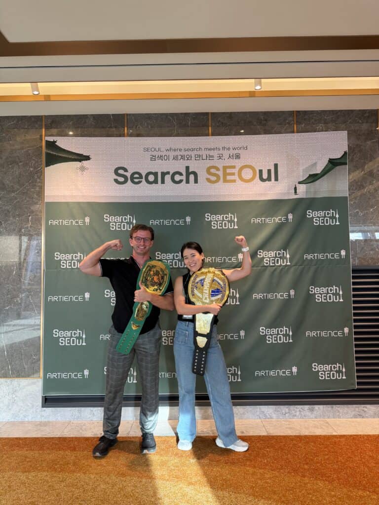 international seo and growth influencers jiyoung lee (cofounder of xpandir) and connor kimball (ceo of cairrot) at korea seo conference