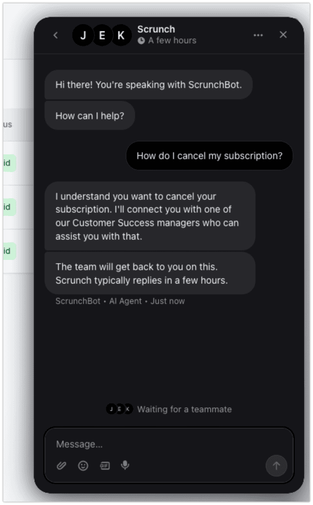 scrunch ai trying to cancel roach motel